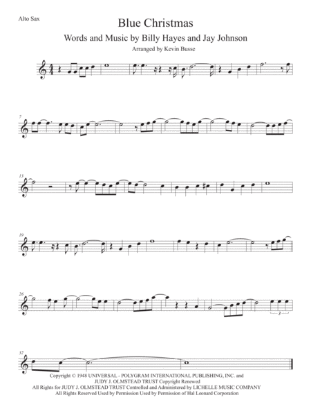 Blue Christmas Easy Key Of C Alto Sax Sheet Music