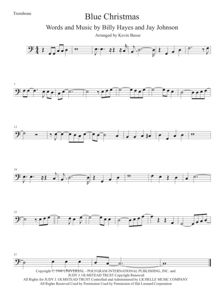 Blue Christmas Easy Key Of C Trombone Sheet Music