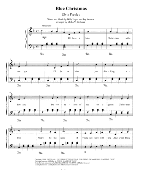 Blue Christmas Easy Piano Sheet Music