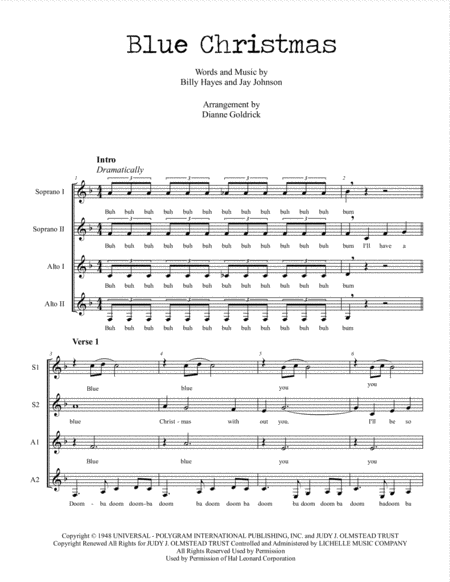 Blue Christmas Ssaa A Cappella Sheet Music