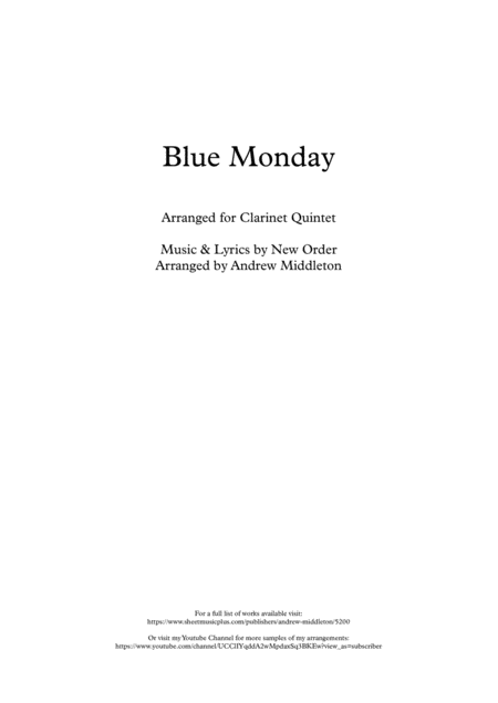 Blue Monday Arranged For Clarinet Quintet Sheet Music