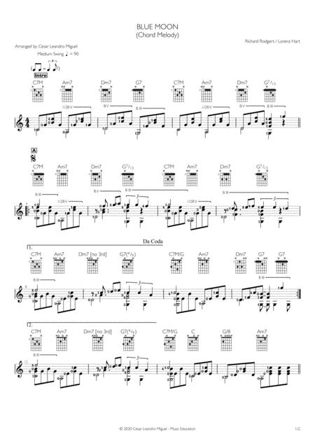 Blue Moon Chord Melody Arrangement Notation For Guitar Sheet Music