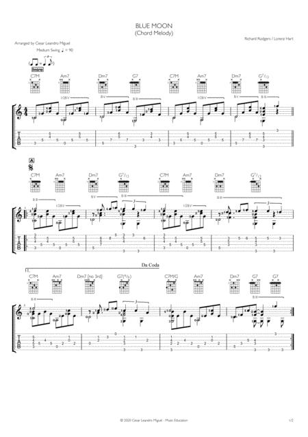 Blue Moon Chord Melody Arrangement Tablature For Guitar Sheet Music