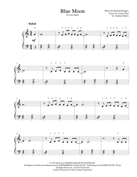 Free Sheet Music Blue Moon For Easy Piano