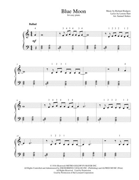 Blue Moon For Easy Piano Sheet Music