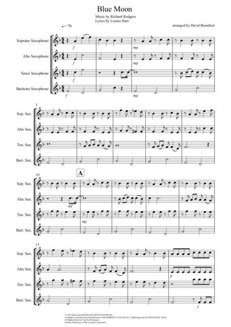 Blue Moon For Saxophone Quartet Sheet Music