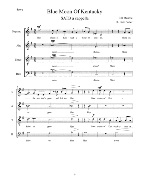 Free Sheet Music Blue Moon Of Kentucky