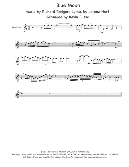 Blue Moon Sax Solo Easy Key Of C Bari Sax Sheet Music