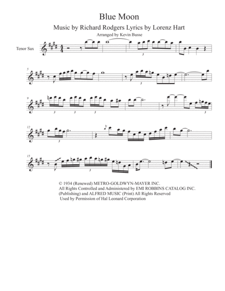 Free Sheet Music Blue Moon Tenor Sax Solo