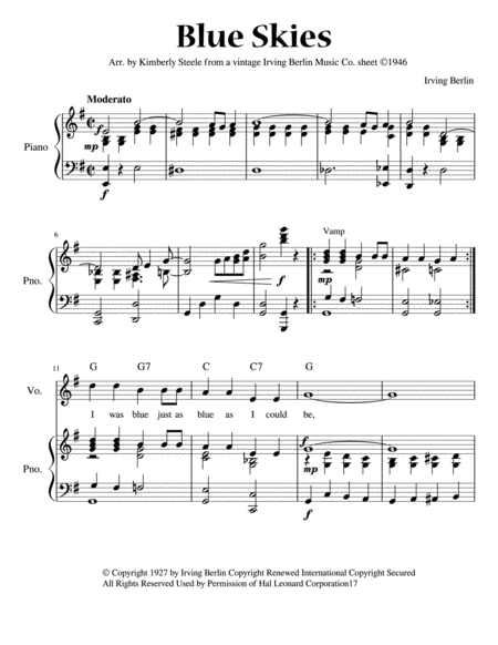 Free Sheet Music Blue Skies For Early Intermediate Piano Vintage Irving Berlin Music Company Arrangement