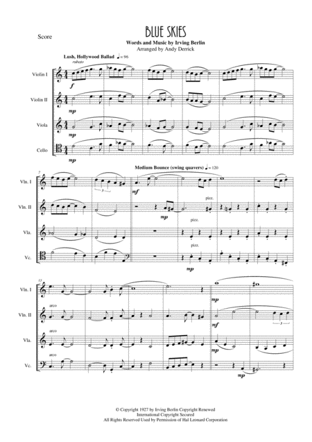 Blue Skies For String Quartet Sheet Music