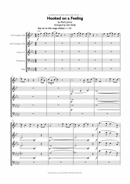 Blue Suede Hooked On A Feeling For Brass Quintet Sheet Music
