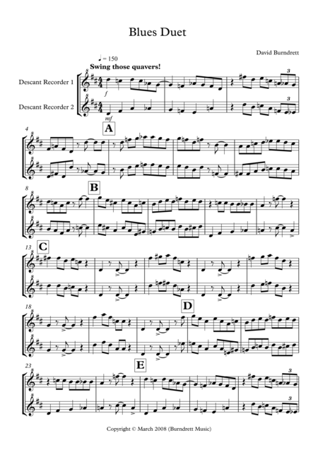 Free Sheet Music Blues Duet For Descant Recorder