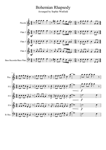 Bohemian Rhapsody Arranged For Flute Choir Piccolo 3 Flutes Bass Flute Recorder Sheet Music