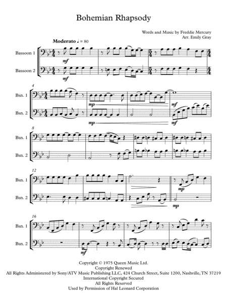 Bohemian Rhapsody Bassoon Duet Sheet Music