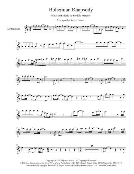 Bohemian Rhapsody Easy Key Of C Bari Sax Sheet Music