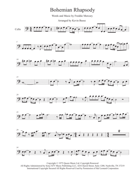 Bohemian Rhapsody Easy Key Of C Cello Sheet Music