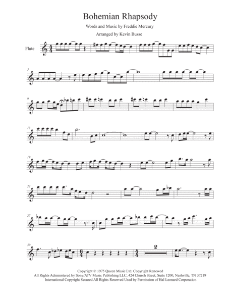 Bohemian Rhapsody Easy Key Of C Flute Sheet Music