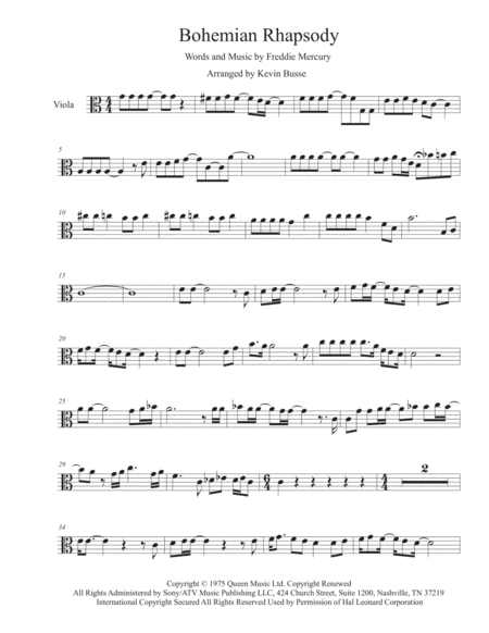 Bohemian Rhapsody Easy Key Of C Viola Sheet Music