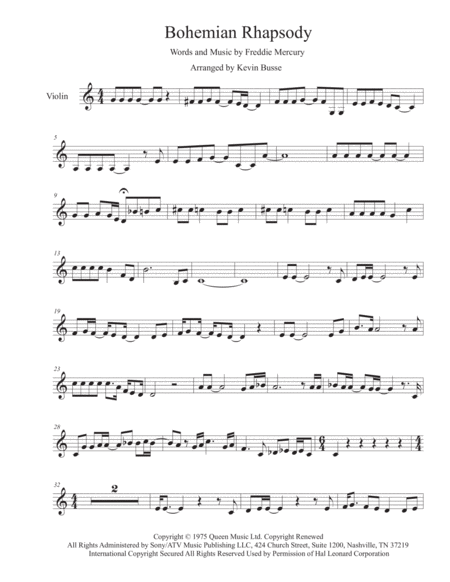 Bohemian Rhapsody Easy Key Of C Violin Sheet Music