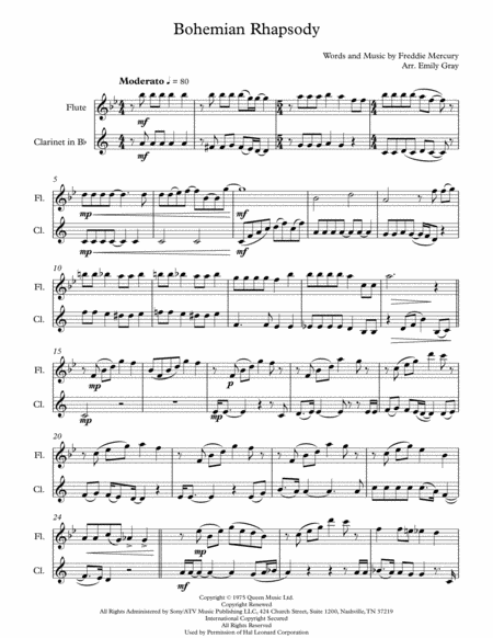 Free Sheet Music Bohemian Rhapsody Flute And Clarinet