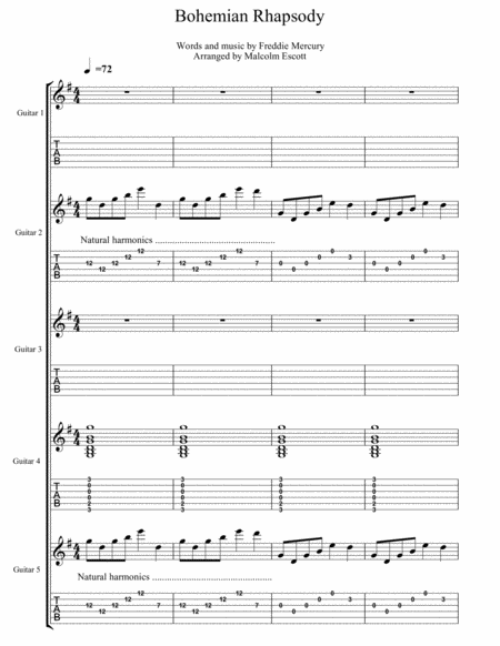 Bohemian Rhapsody For Guitar Quintet Sheet Music