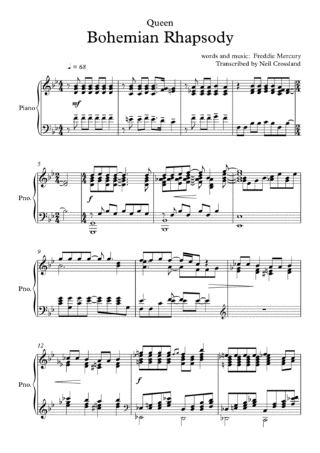 Free Sheet Music Bohemian Rhapsody For Solo Piano