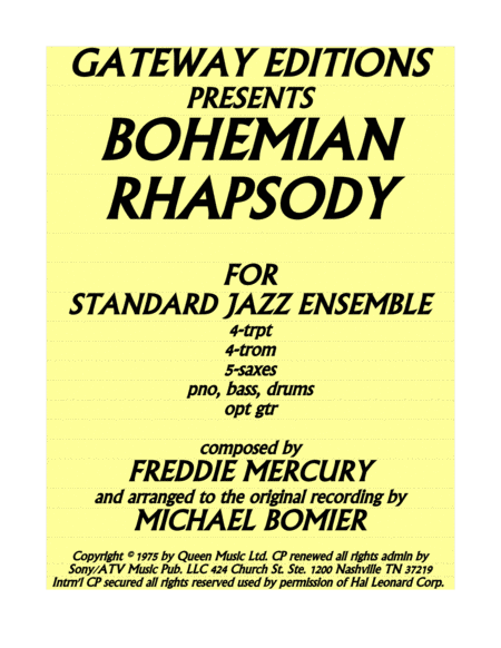 Free Sheet Music Bohemian Rhapsody For Standard Jazz Ensemble A Classic Cover Version