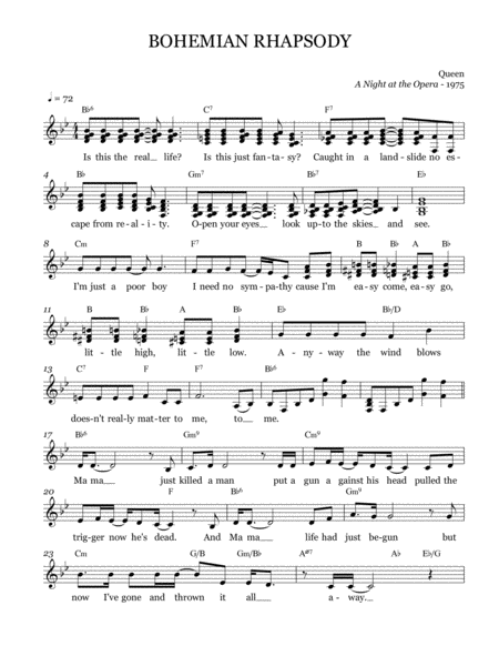 Bohemian Rhapsody Leadsheet Melody Notated Sheet Music