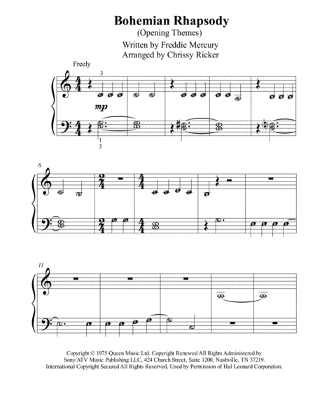 Bohemian Rhapsody Opening Themes Pre Reading Piano With Note Names Sheet Music