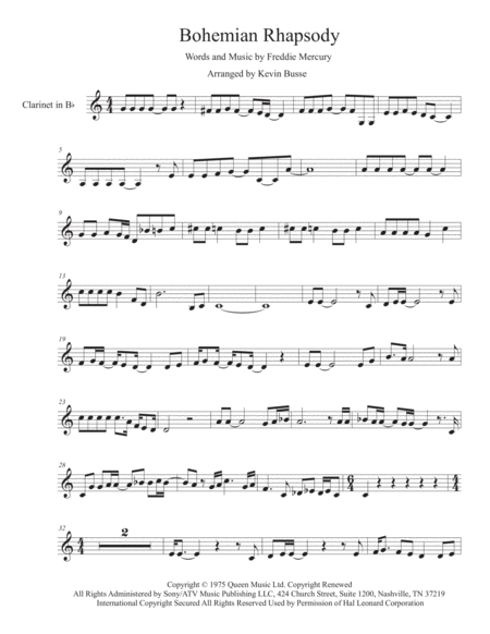 Bohemian Rhapsody Original Key Clarinet Sheet Music