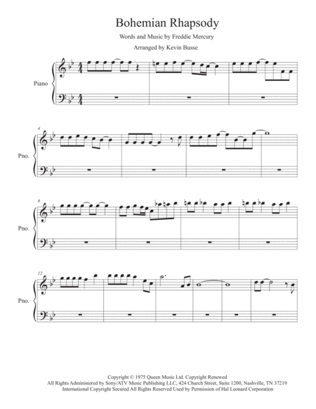 Bohemian Rhapsody Original Key Piano Sheet Music