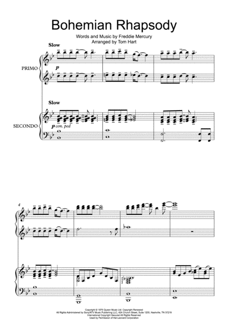 Free Sheet Music Bohemian Rhapsody Piano Duet 4 Hands 1 Piano