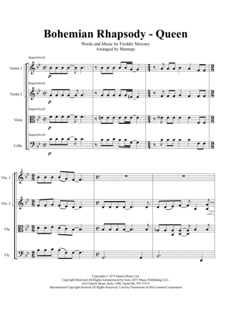 Bohemian Rhapsody Queen Arranged For String Quartet Sheet Music