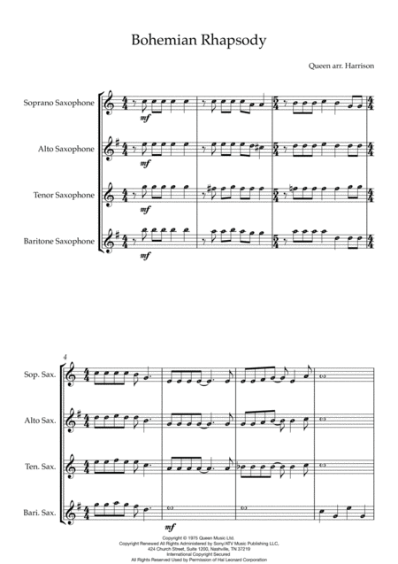 Free Sheet Music Bohemian Rhapsody Saxophone Quartet