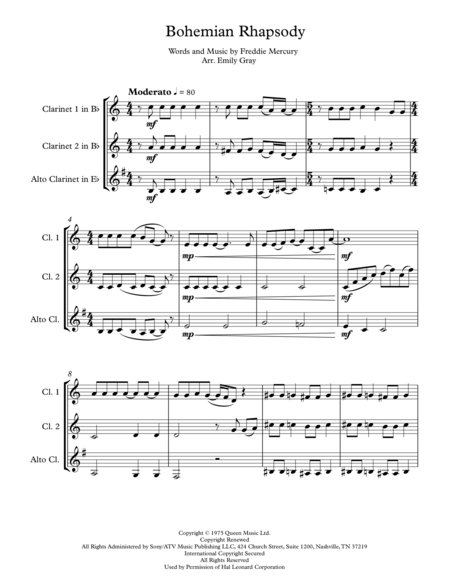 Bohemian Rhapsody Two B Flat Clarinets And Alto Clarinet Sheet Music