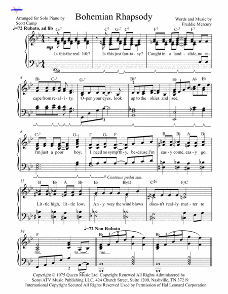 Bohemian Rhapsody Ultimate Solo Piano Sheet Music