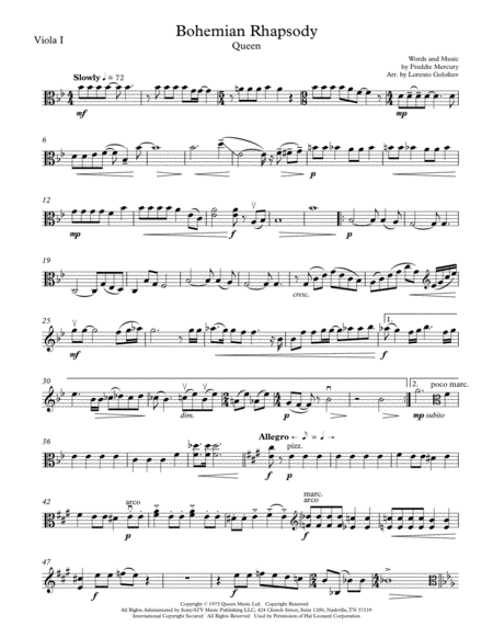 Free Sheet Music Bohemian Rhapsody Viola Quartet