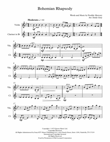 Bohemian Rhapsody Violin And Clarinet Sheet Music