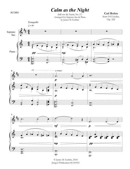 Free Sheet Music Bohm Calm As The Night For Soprano Sax Piano