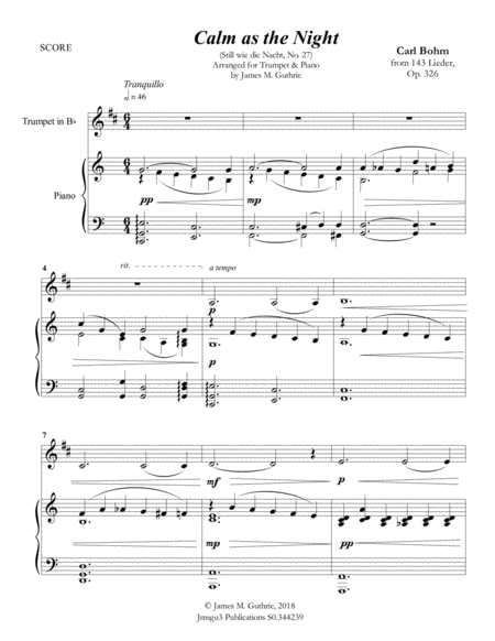 Free Sheet Music Bohm Calm As The Night For Trumpet Piano