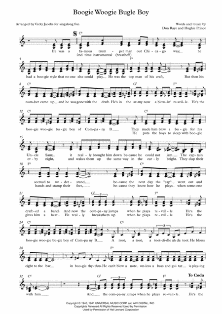 Free Sheet Music Boogie Woogie Bugle Boy Leadsheet For Singlaongs