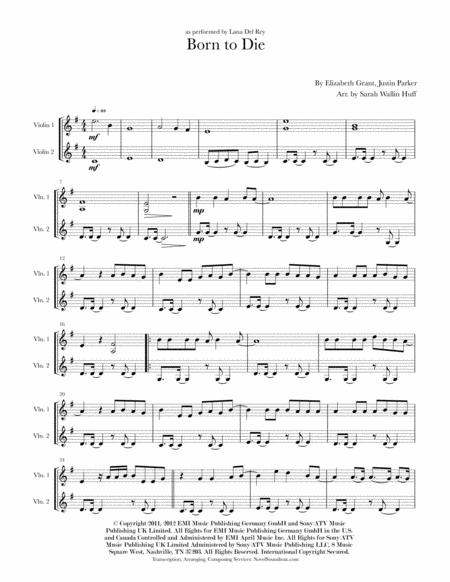 Born To Die For Two Violins Sheet Music