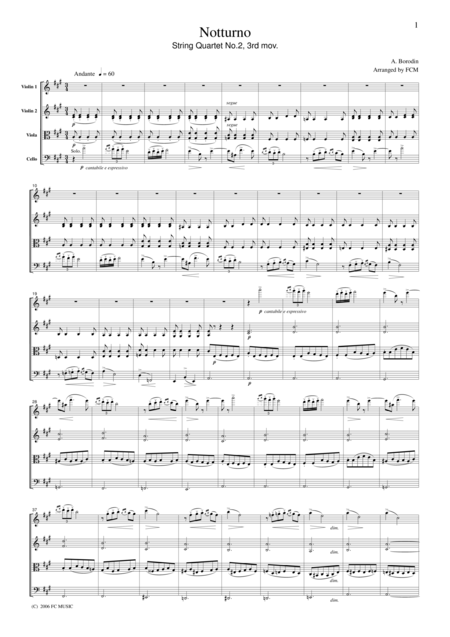 Free Sheet Music Borodin Notturno String Quartet No 2 3rd Mvt For String Quartet Cb501