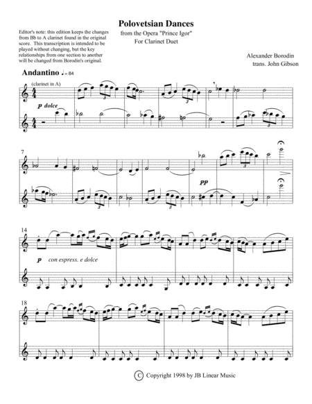 Free Sheet Music Borodin Polovetsian Dances Set For Two Clarinets
