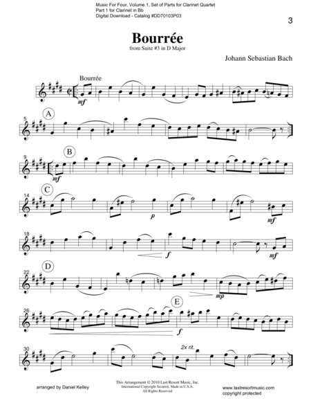 Bourree From Suite 3 In D Major Clarinet Quartet Sheet Music