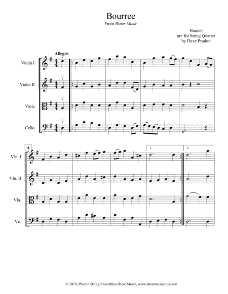 Bourree From Water Music For String Quartet Sheet Music