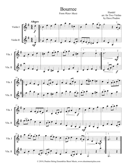 Bourree From Water Music For Two Violins Sheet Music