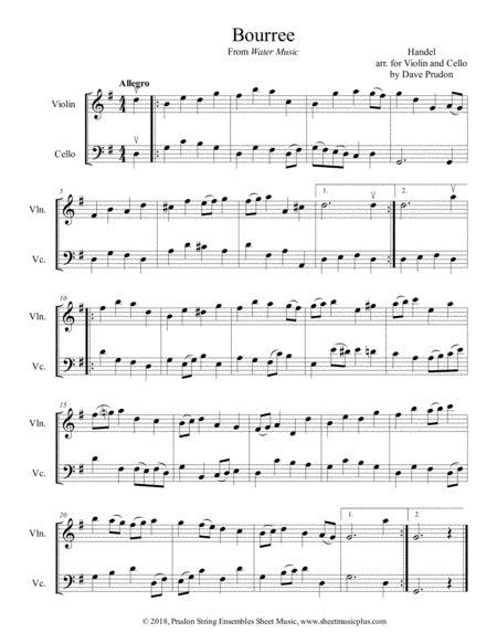 Free Sheet Music Bourree From Water Music For Violin And Cello