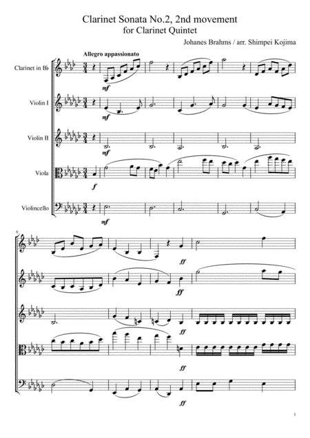 Brahms Clarinet Sonata No 2 2nd Movement For Clarinet Quintet Sheet Music